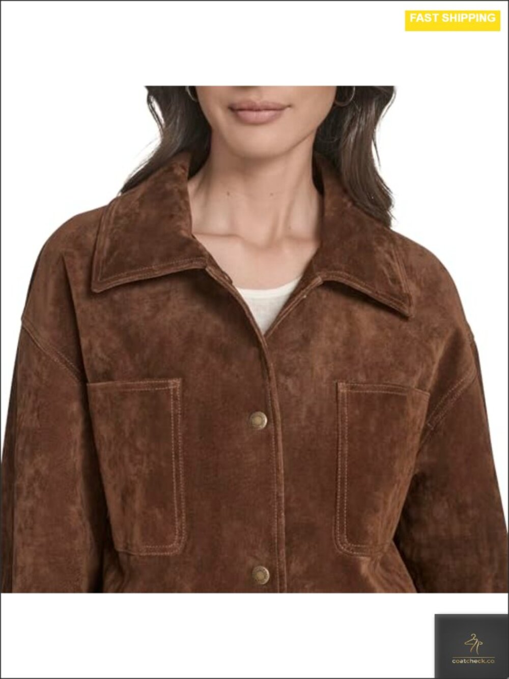 Faux Suede Fringe Trim Chore Coat Snap Front - Picture 4 of 6